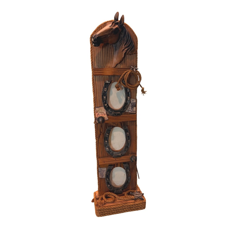 Rustic Western Horseshoe 3-Photo Vertical Frame Horse Head Rope Accents Brown